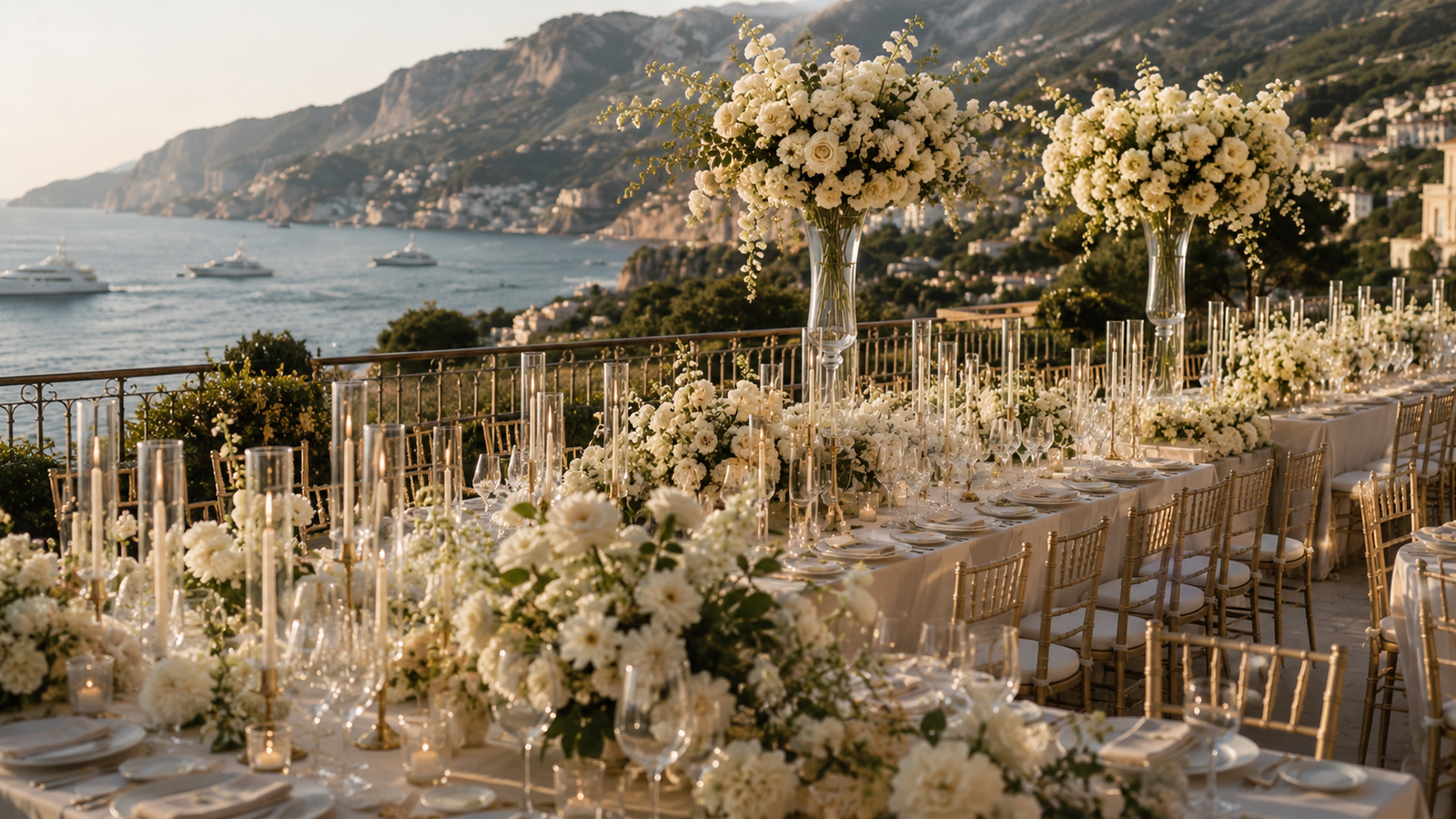 Luxury white floral styling on a French Riviera sea-view terrace