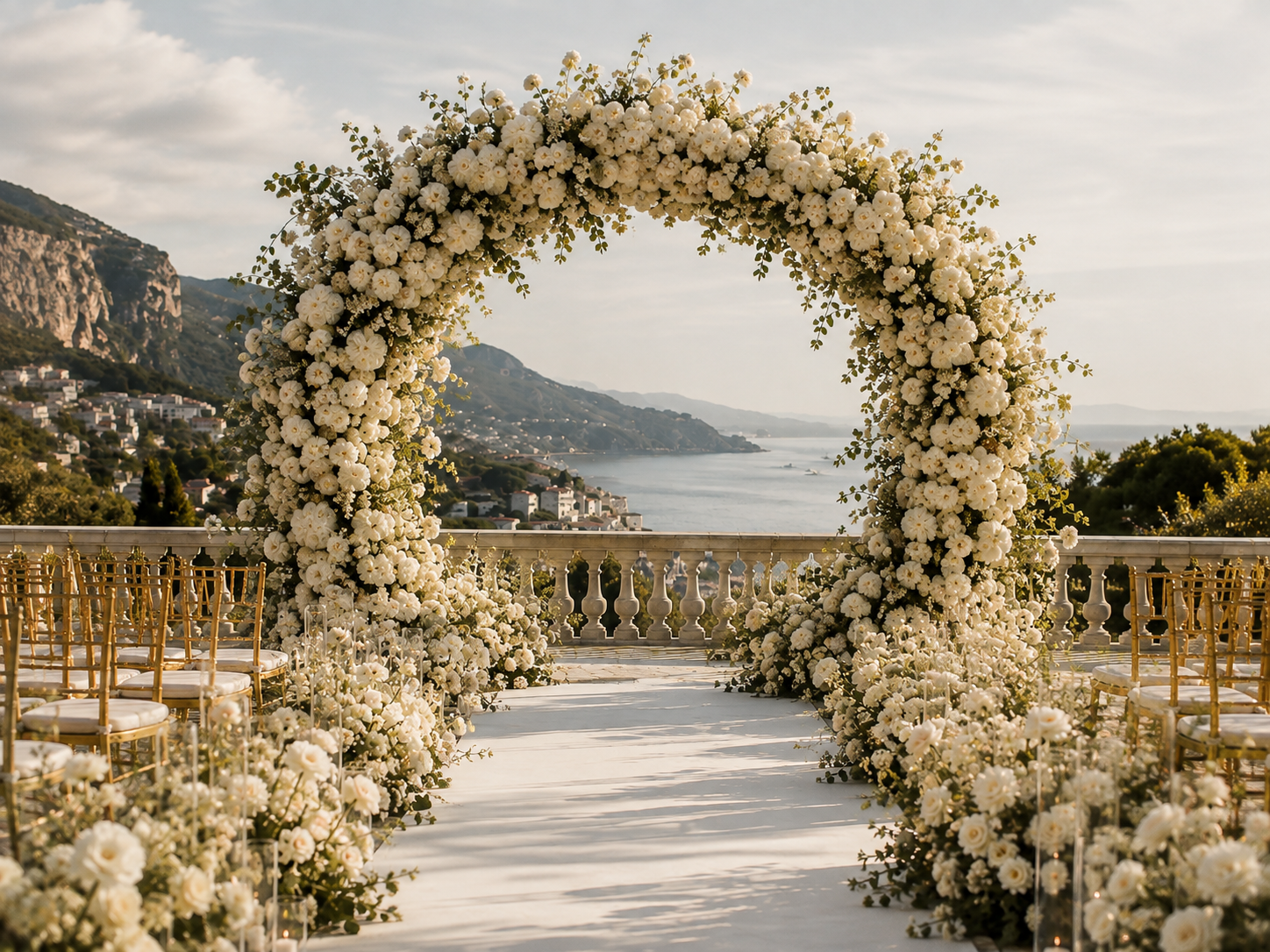 Rounded luxury wedding floral arch overlooking the sea on the French Riviera