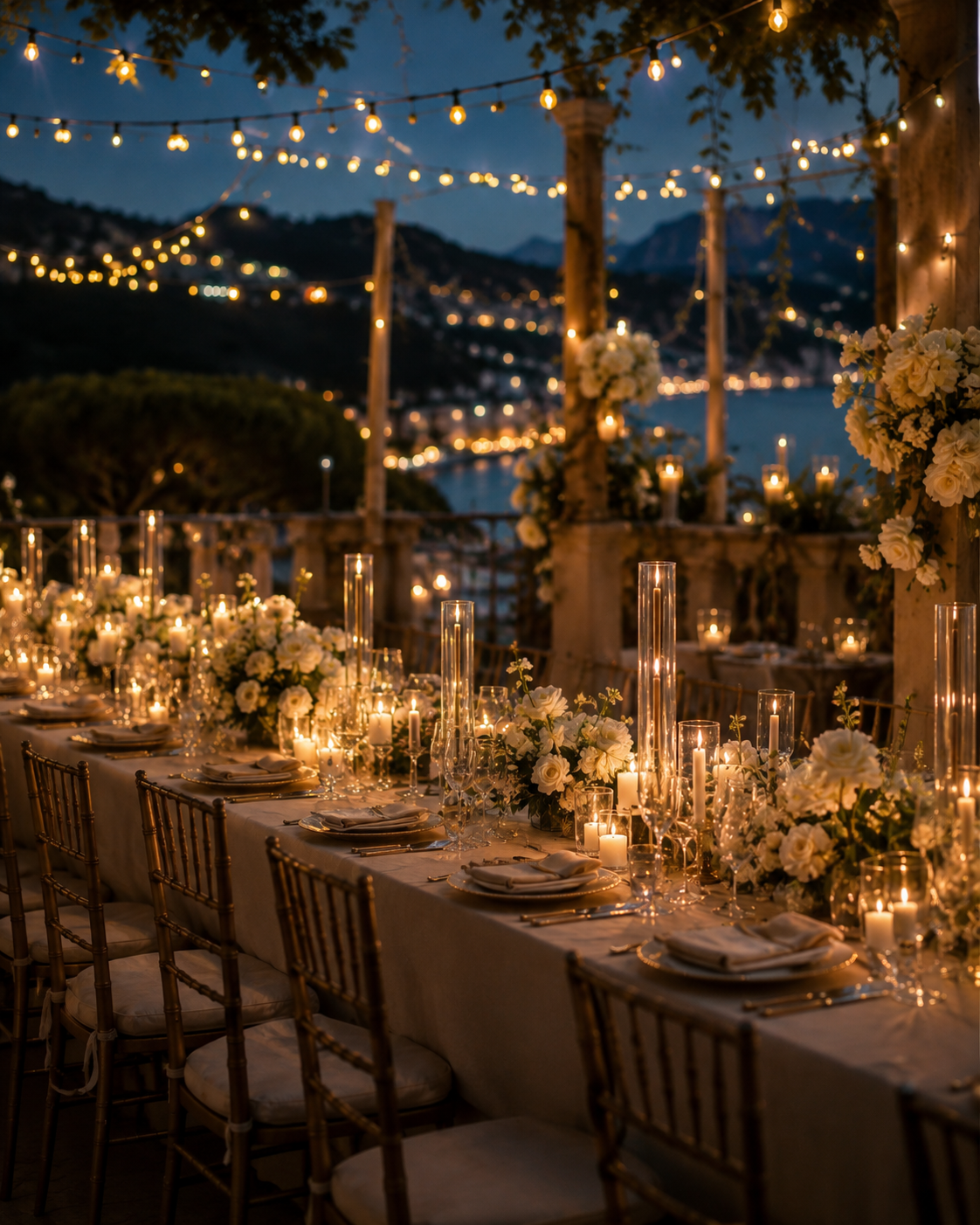 Candlelit luxury wedding reception with roses on the French Riviera