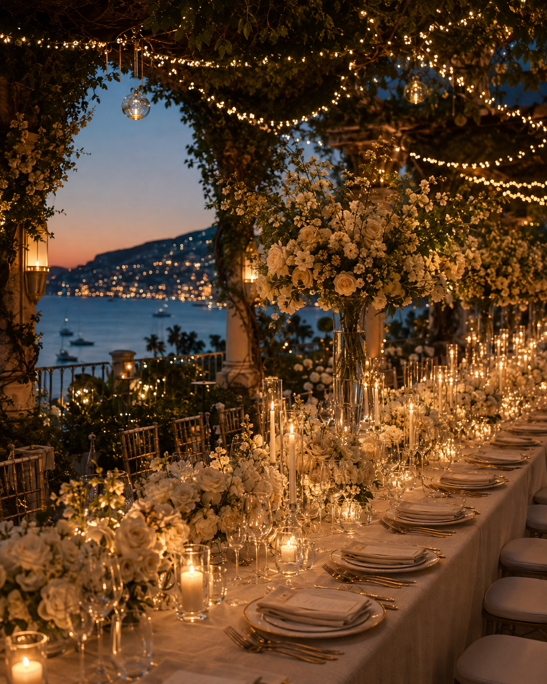 Elegant evening wedding dinner with floral styling on the French Riviera