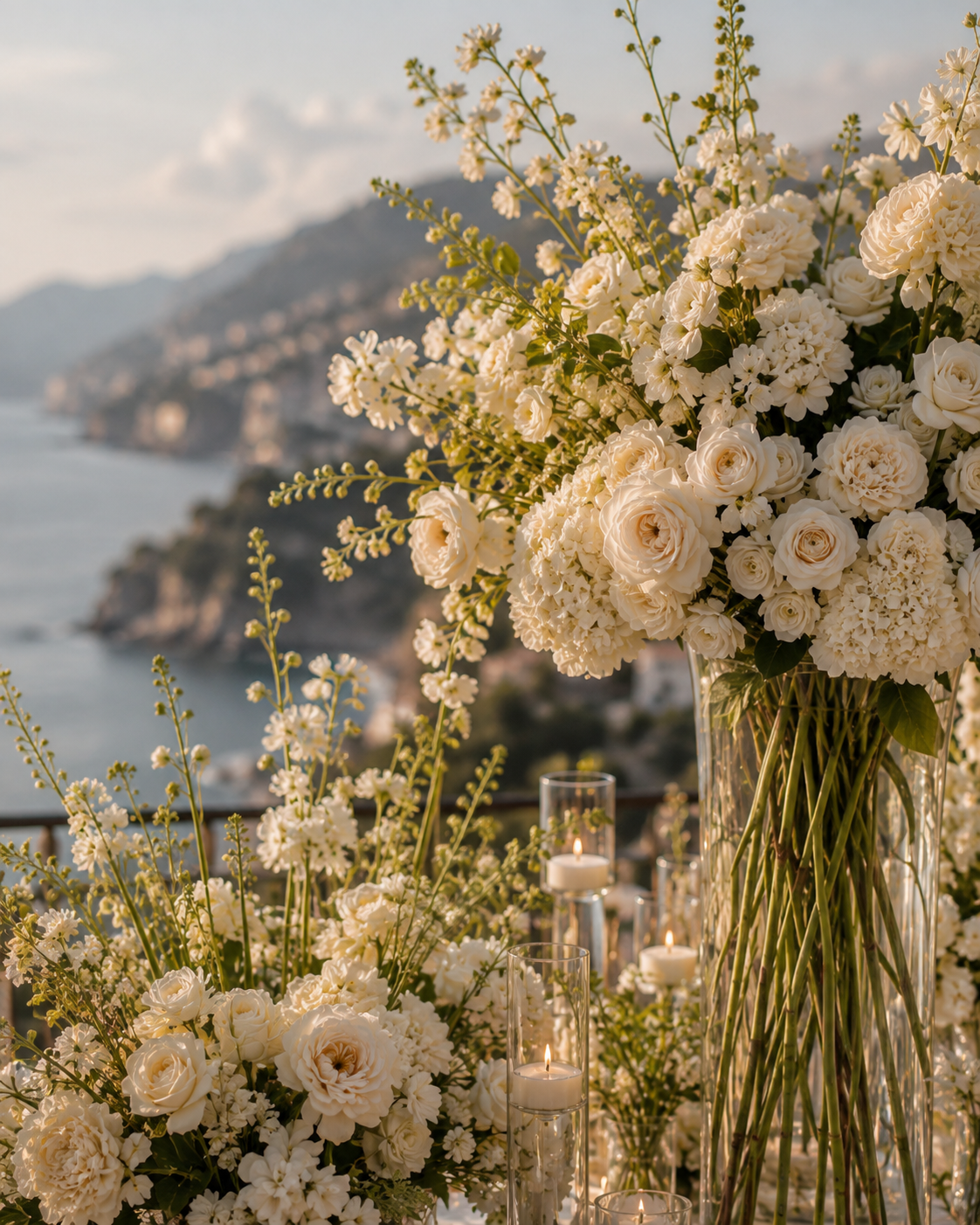 Luxury white floral centerpiece overlooking the French Riviera