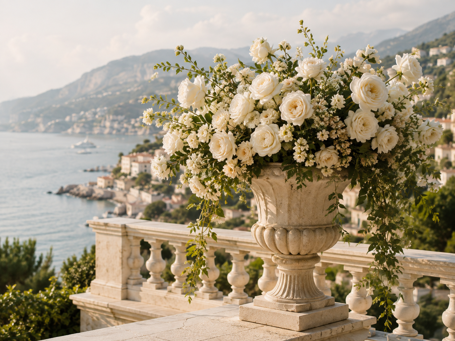 Stone urn with luxury wedding flowers overlooking the French Riviera