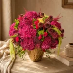 Crimson Medusa exotic floral arrangement in gold vase side view by Saint Barbara Flowers
