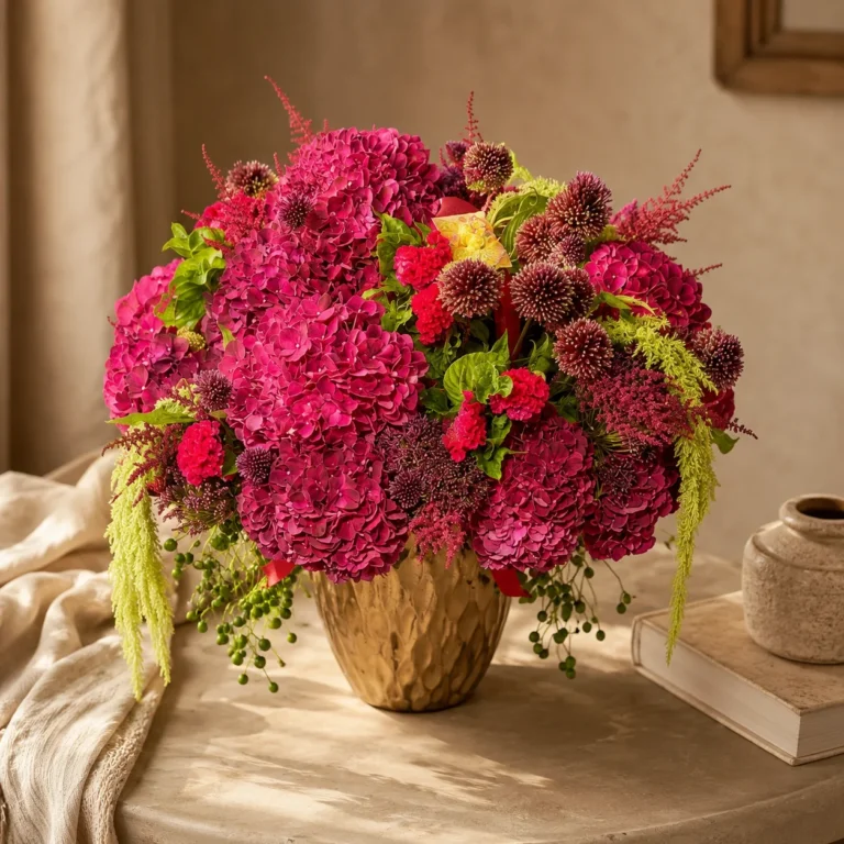 Crimson Medusa exotic floral arrangement in gold vase side view by Saint Barbara Flowers