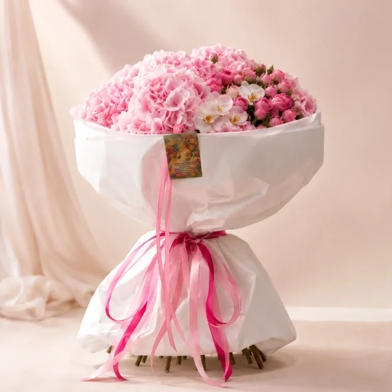 Nuage Rose luxury pink hydrangea rose and orchid bouquet by Saint Barbara Flowers