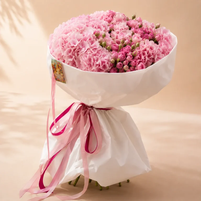 Nuage Rose pink hydrangea rose and orchid bouquet side view by Saint Barbara Flowers